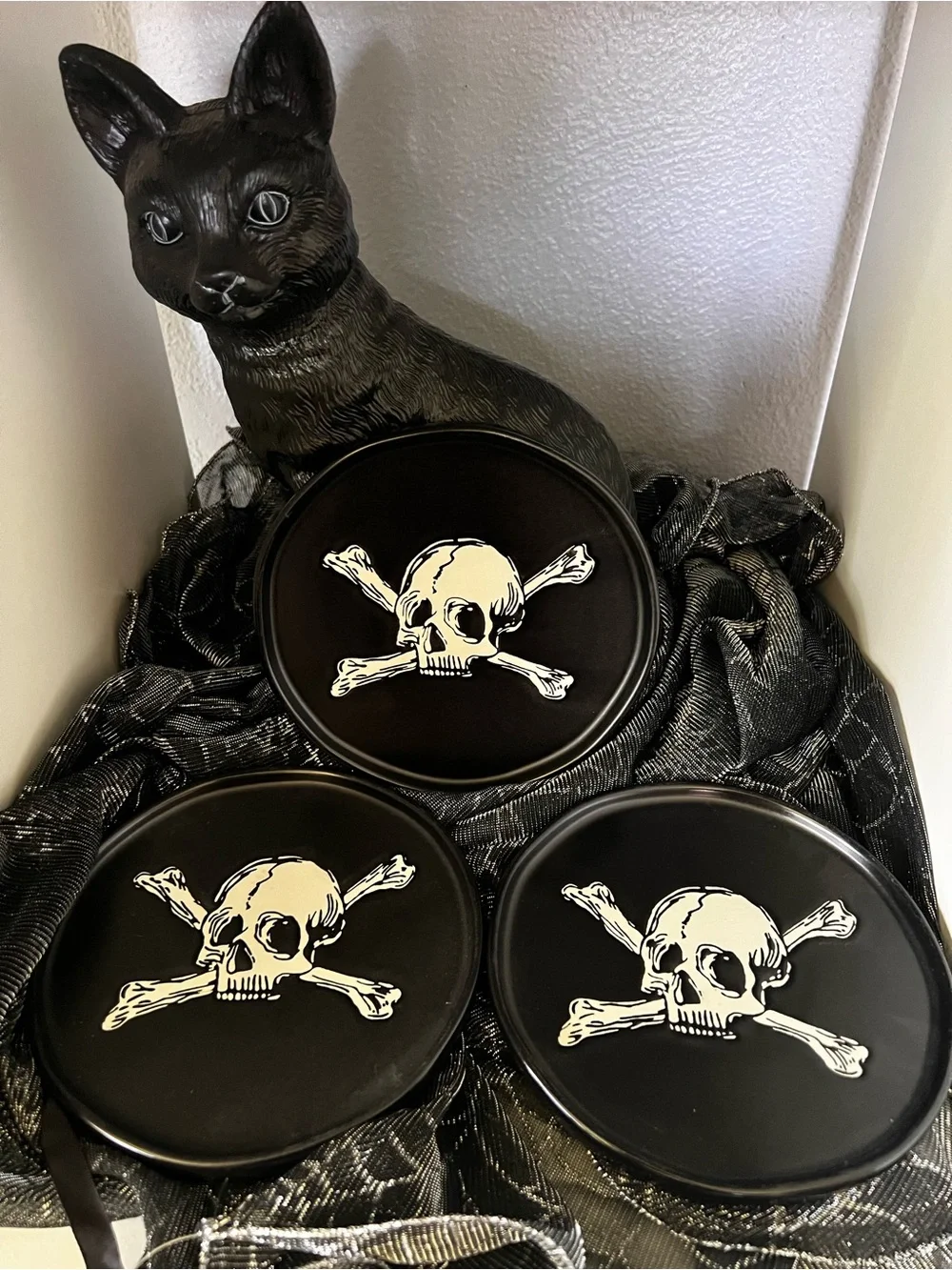 Set of 3 Skull Crossbones Appetizer Plates Black NEW Stoneware